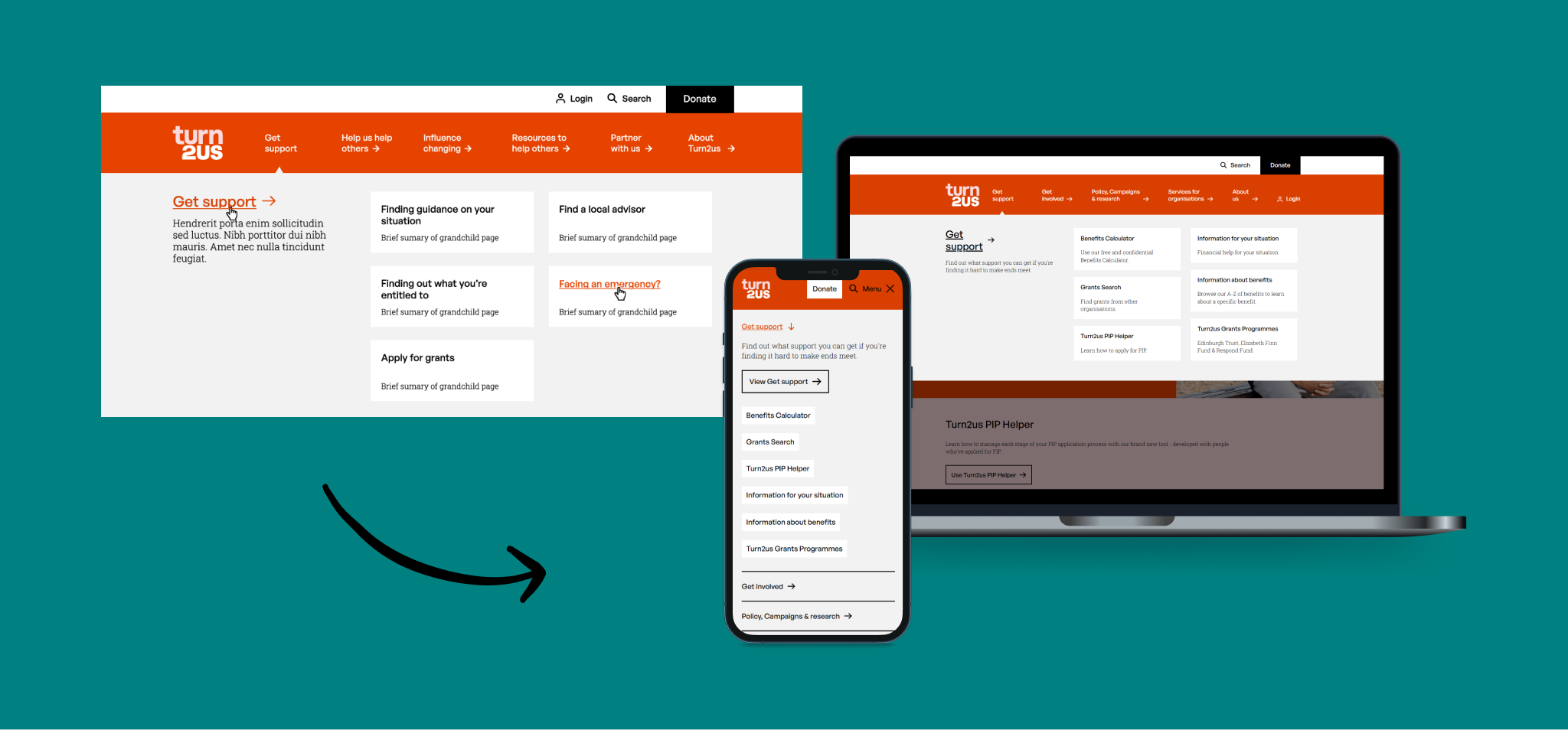 Screenshot of the navigation prototype, and final designs on mobile and desktop.