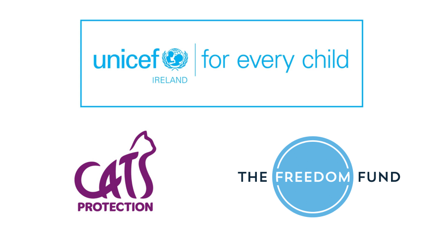UNICEF Ireland, Cats Protection and The Freedom Fund logos.
