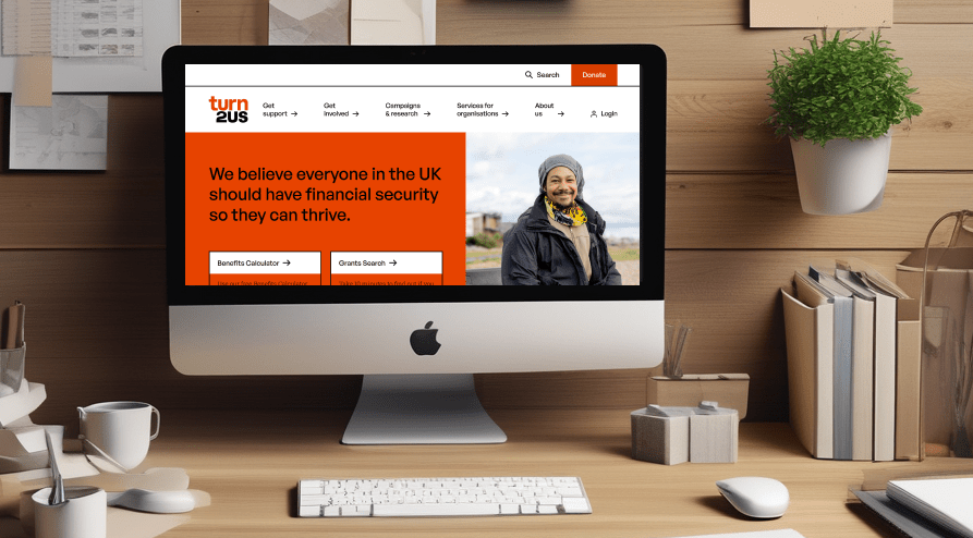 Image of the current homepage of the Turn2Us website on a desktop computer (as of 2024).
