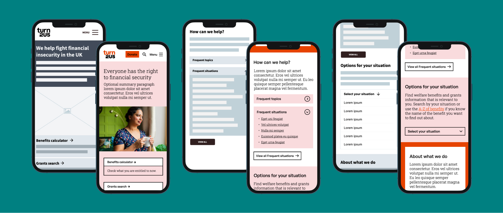 6 mobile devices divided in 3 groups showing a wireframe and a prototype each for 3 areas of the homepage.